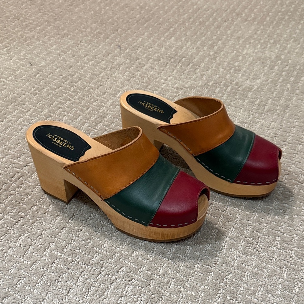 Swedish Hasbeens Tri-Color Leather Platform Clogs - Brown Green Burgundy RARE